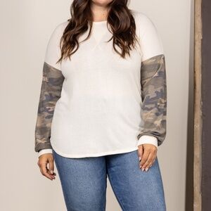 IVORY CAMOUFLAGE CONTRAST LONG SLEEVES PLUS SIZE KNIT TOP